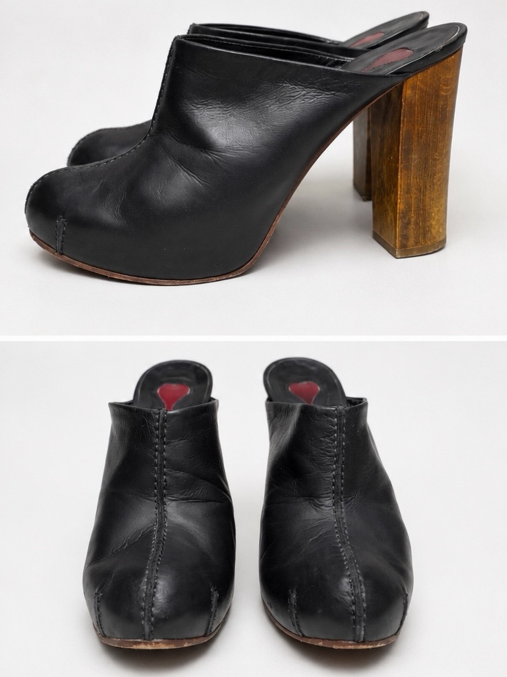 Women's Black Leather Block Heel Mules